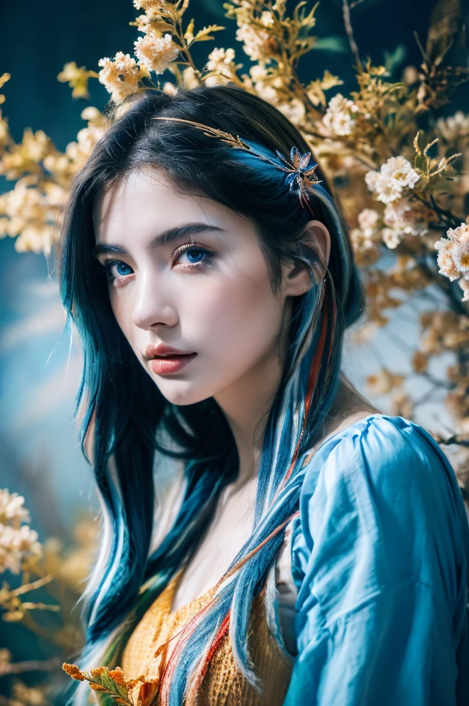 ( masterpiece, top quality, best quality,8k, girl,ultra detailed,raw photo:1.5),(photorealistic:1.4), (cinematic lighting), PerfectNwsjMajic, , Surrealism, UHD, ccurate, Super detail, textured skin, High detail, Best quality, dynamic angle, White skin,[Beautiful blue eyes], high nose,[flat chest:large breasts:0.5],(1girl),((good anatomy:0.5)),(covered in flowers:1.4), night sky, joint, interested in, fire and ice, (The image is divided into two，Available in a variety of colors:2), eyes blues, sapphire, liquid metal, night sky, (Look at an angle:1.3), (fire and ice), ((Lower chrome)), (hairpin:1.4), (forest:1.3), (fog: 1.3),  Subtle colors and tones, mystical aura ,dreamy atmosphere,expressive brush strokes, mystical ambiance, Artistic interpretation,Wonderland, blue glowing flowers tone, upper body, long hair,(blue streaked hair)