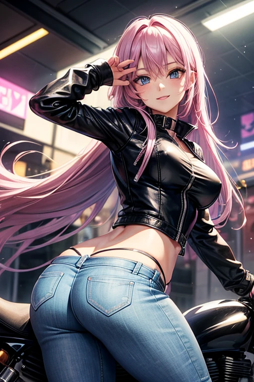 Draw Camila, an anime-style female character.  long lilac hair reaching her waist with baby bangs, blue eyes, lilac eyebrows, smile on her face.  small breasts, thin waist, very large and perky ass, thick shapely thighs.  She is wearing short, tight jeans and shorts and a short black leather jacket.  riding a powerful motorcycle on the road at high speed with the body leaning over the motorcycle.  pink helmet.  view from behind.  rainy night.  She is mounted on the motorcycle riding at high speed.  hands holding the handles of the motorcycle and body leaning forward, looking straight ahead.  tunic perspective of the road.  view of the back showing the ass mounted on the bike.