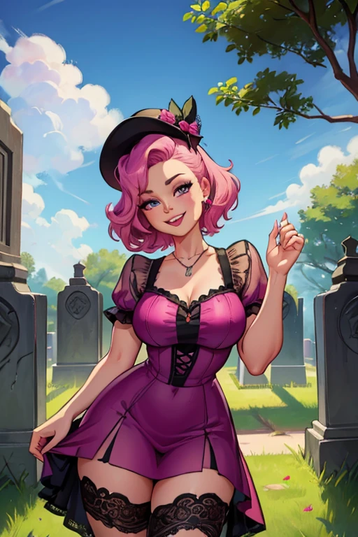 A pink haired woman with violet eyes with an hourglass figure in a lacy rockabilly dress is posing in the cemetery with a big smile