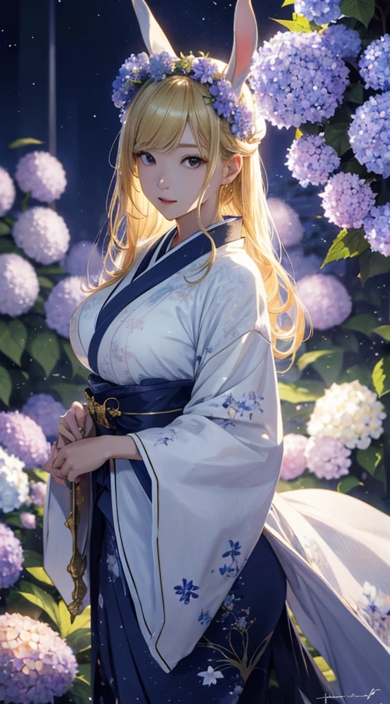 masterpiece, high quality, 4K, Beautiful design, silhouette，blonde， 非常に詳細な夜のStarry Sky,Hydrangea flower garden， wonderful, Finer details,  Very knowledgeable woman, Highly detailed solo, 1 female,Bunny ears，Big Breasts，White kimono，Night view，Starry Sky，full moon，