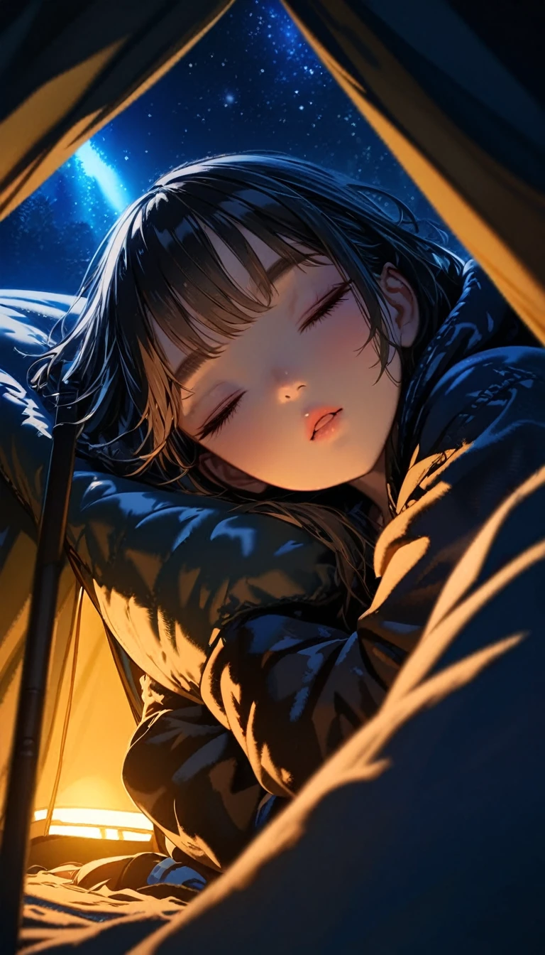 1 girl, ((super detailed, high resolution, super detailed, top quality, amazing, top quality, highly detailed CG Unity 8k wallpaper, cinematic lighting)), Camping, lakeside at night, tent and camping equipment, girl sleeping in sleeping bag in tent, sleeping, good times, space in tent, soft light, best memory,