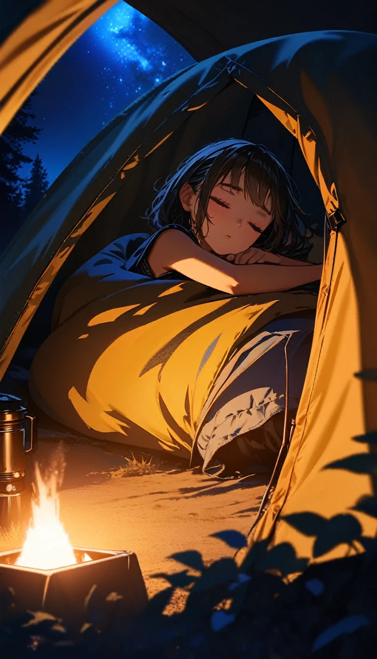 1 girl, ((super detailed, high resolution, super detailed, top quality, amazing, top quality, highly detailed CG Unity 8k wallpaper, cinematic lighting)), Camping, lakeside at night, tent and camping equipment, girl sleeping in sleeping bag in tent, sleeping, good times, space in tent, soft light, best memory,