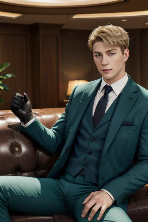 loid_forger, solo, looking at viewer, short hair, blue eyes, blonde hair, shirt, gloves, 1boy, sitting, jacket, white shirt, male focus, black gloves, pants, indoors, spread legs, open jacket, muscular, formal, abs, cat, suit, pectorals, big huge bulge, couch, green jacket, unbuttoned, green pants, 