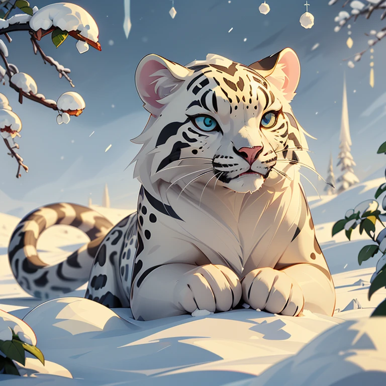 (highest quality、High resolution)、(Portraiture、wild animals)、(Fur with attention to detail、Sharp focus、Genuine)、(Bright lighting)、(Bright colors)、(Snow Background)、(Majestic、 Confident pose)、snow leopard