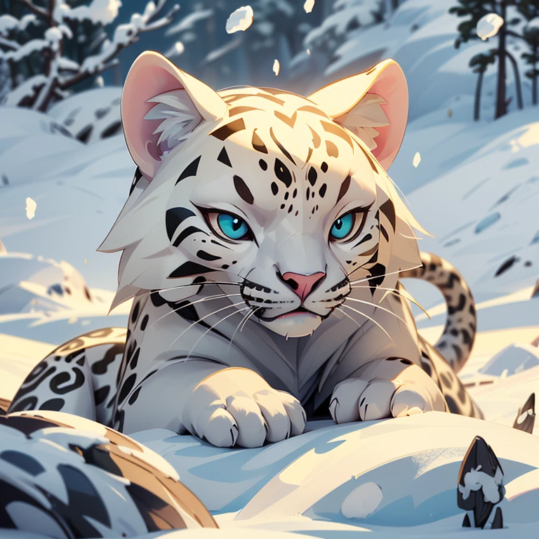 (highest quality、High resolution)、(Portraiture、wild animals)、(Fur with attention to detail、Sharp focus、Genuine)、(Bright lighting)、(Bright colors)、(Snow Background)、(Majestic、 Confident pose）、snow leopard