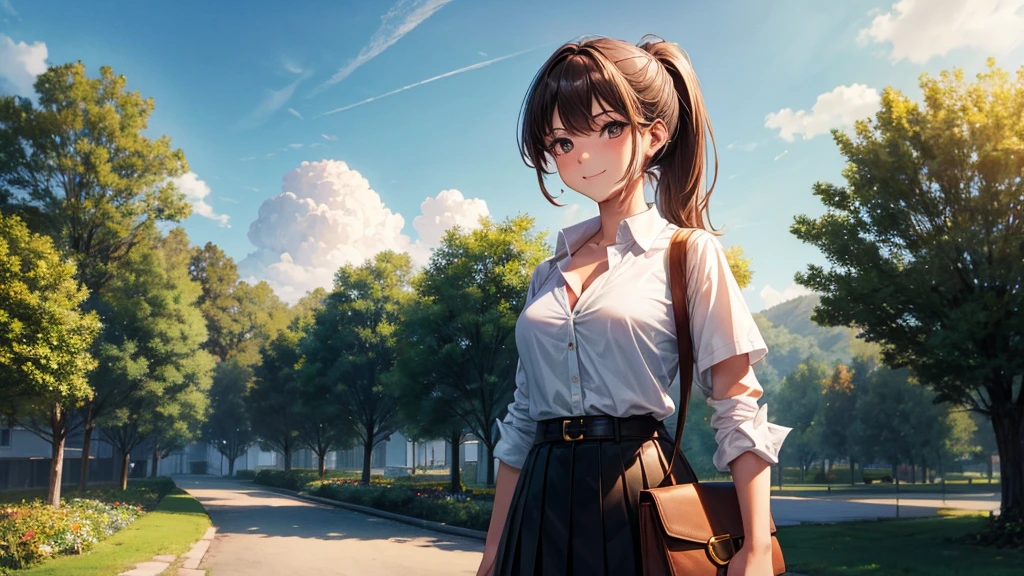 1girl, full body, solo, summer, village, trees, sun, clouds, ((brown hair)), ponytail, large breasts, ((brown vest)), button down shirt, ((white shirt)), ((short sleeved shirt)), ((unbuttoned shirt)), unbuttoning buttons, cleavage 1:3, brown eyes, skirt, smile, looking at the viewer, standing, hair ribbon, golden necklate, shoulder bag