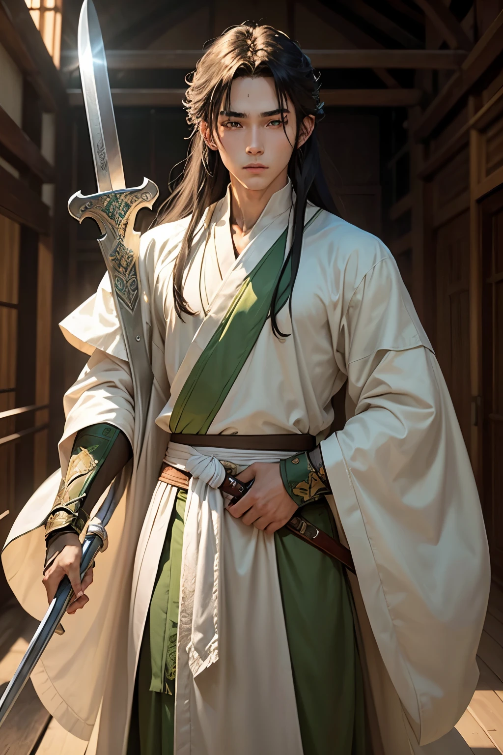 Cover photo ,16-year-old male,Healthy body,handsome face,white skin, (Wearing green monk robes), With long hair gathered., (holding a sword), (Bright eyes), gradient eyes, anime, glare, Ray tracing, depth of field