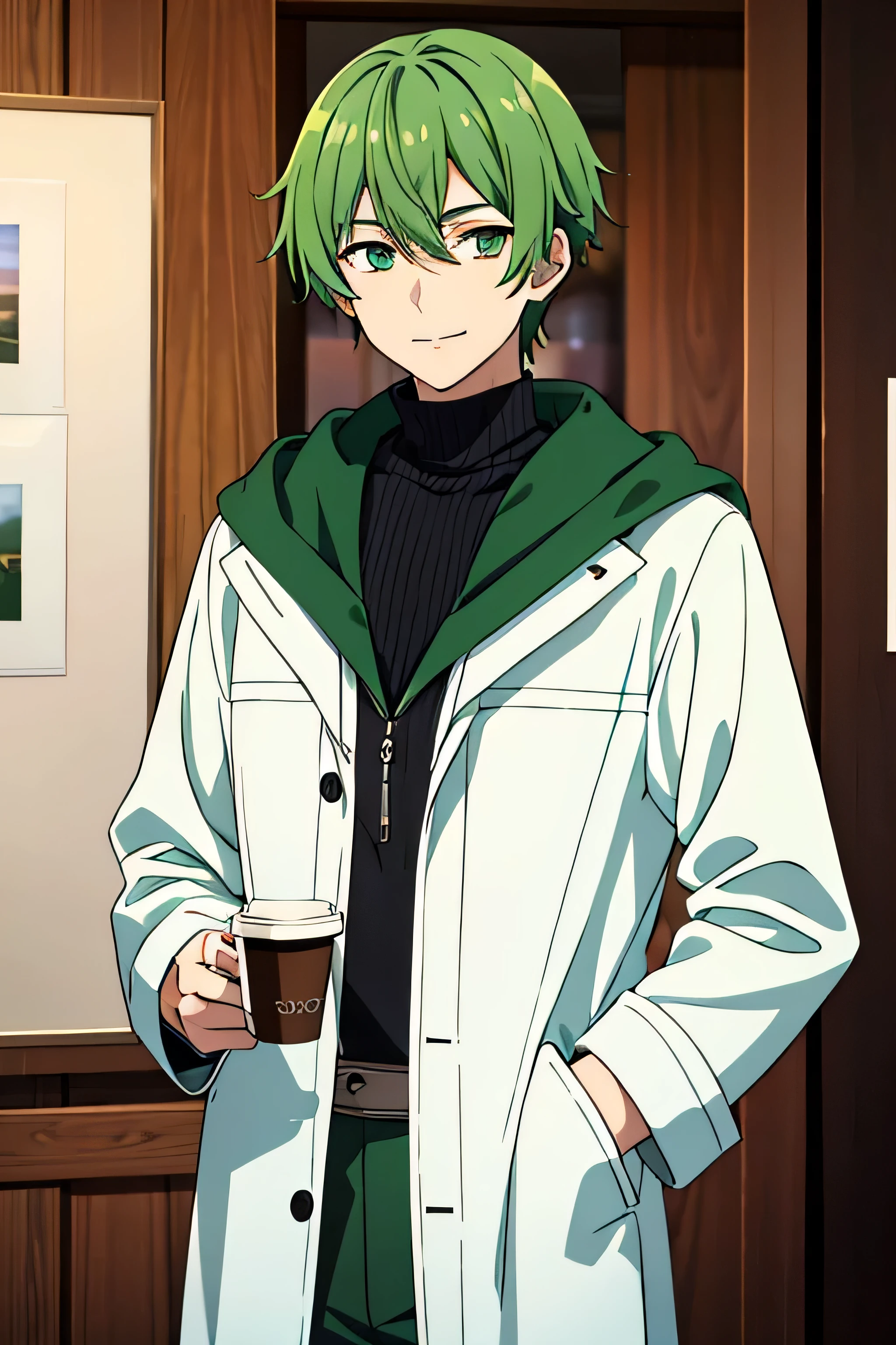 Teenage Boy Green hair parted in the center Eye color is green A smile with a youthful face He was wearing a white coat and had a cup of coffee in one hand. Front image