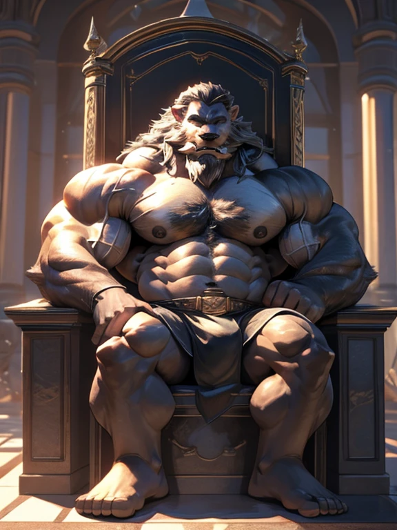 burly virile bulky man, overmuscular and musclebound, bulging veiny muscles, broad shoulders, wide chest, overly thick arms and legs, thick body, a hulking figure with swelling muscles, a long bushy beard and a thick mustache, grey hair, a king sitting on his throne, high detail, realistic
