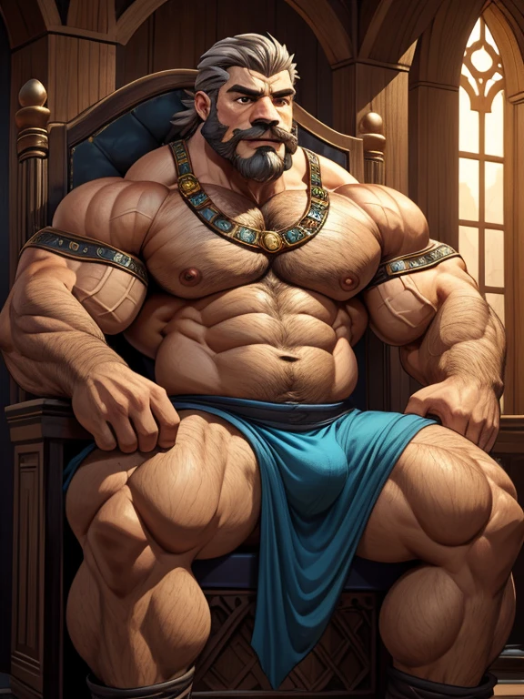 burly virile bulky man, overmuscular and musclebound, bulging veiny muscles, broad shoulders, wide chest, overly thick arms and legs, thick body, a hulking figure with swelling muscles, a long bushy beard and a thick mustache, grey hair, a king sitting on his throne, high detail, medieval, realistic