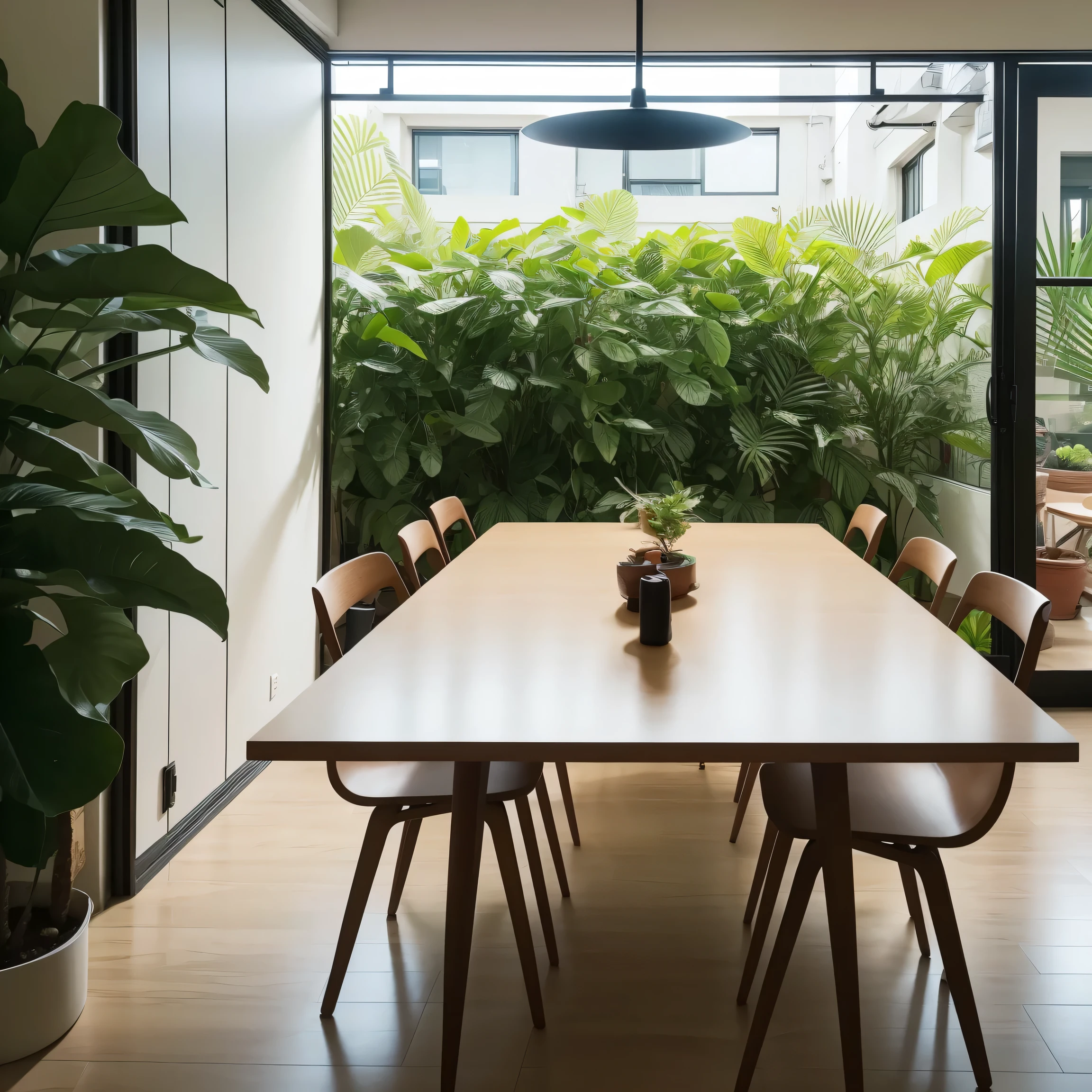 Overlooking、Wide angle、wide、Whole room、Dining table、front、surfboard、interior、Stylish、Stand lamp、Foliage plant、sofa、Asahi、Realistic、masterpiece、beautiful、8k、highest quality、Attention to detail、8k、Sharpness