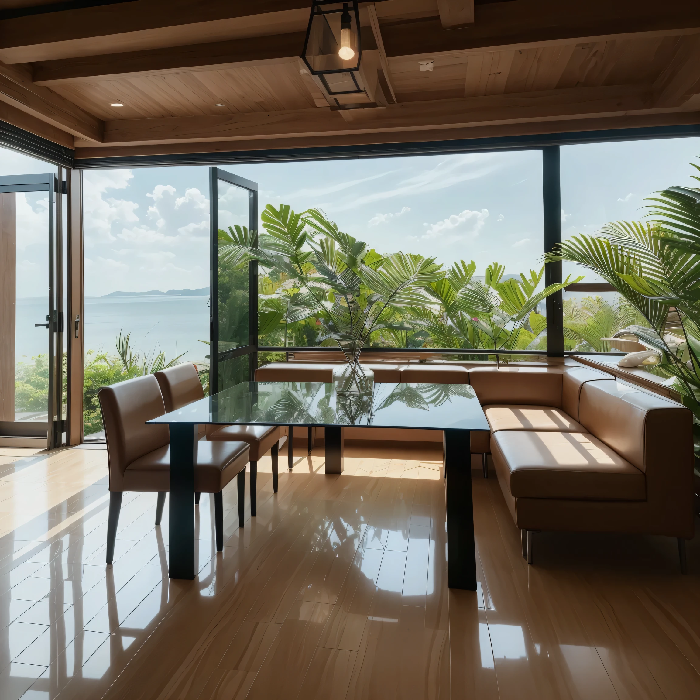 Overlooking、Wide angle、wide、Whole room、Dining table、front、surfboard、interior、Stylish、Stand lamp、Foliage plant、sofa、Asahi、Realistic、masterpiece、beautiful、8k、highest quality、Attention to detail、8k、Sharpness