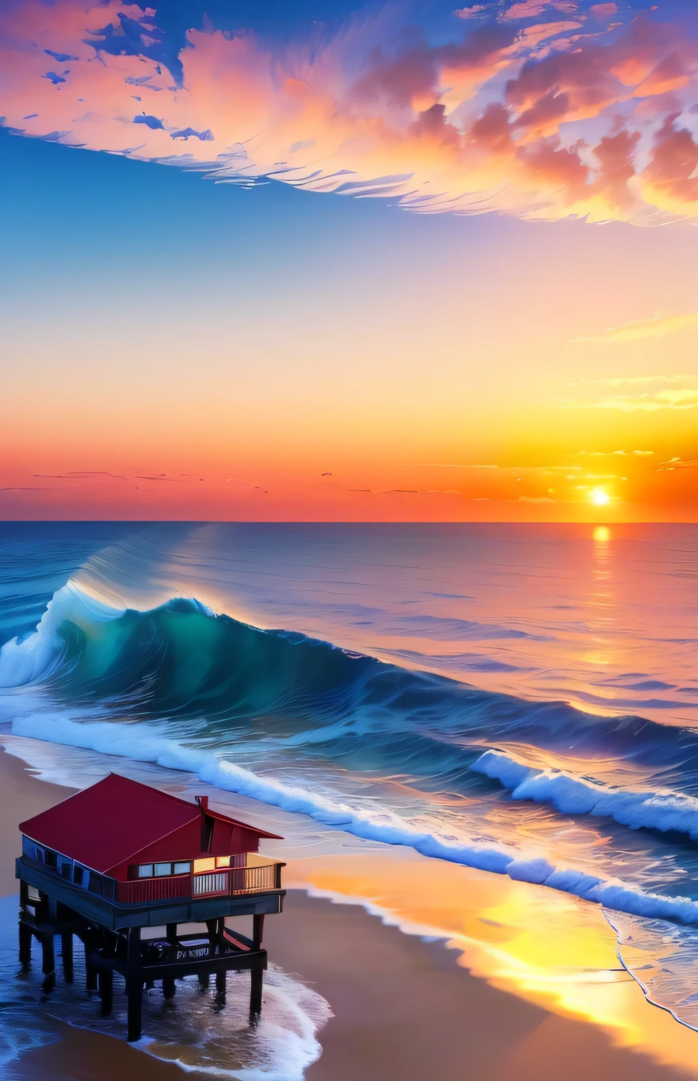 Sunset at sea，Red roofs and pier, Beautiful wallpapers, beautiful iphone wallpapers, Amazing wallpapers, High quality wallpapers, Beach sunset background, Beautiful ocean, vibrant sunrise, Colorful sunset, Beautiful sunset, Beautiful background, HD Wallpapers, magnificent background, Beach sunset, High quality desktop wallpaper, beautiful sunset, Amazing background, Vibrant and vivid, Beautiful sunrise