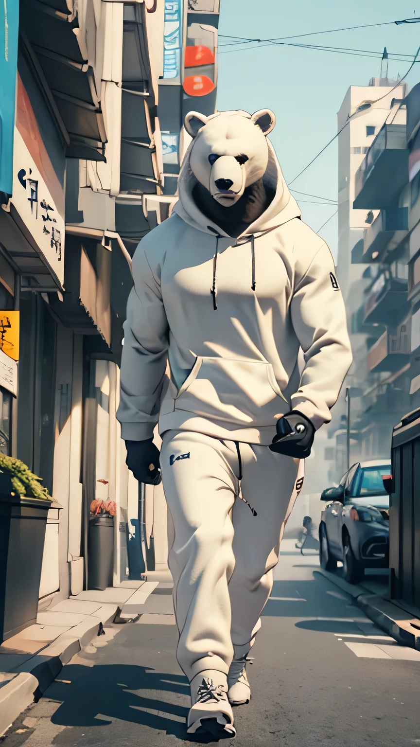 Cyberpunk Style, 1 bear, futuristic, polarbear, muscular, white nike hoodie, walking in the city, at afternoon, anthropomorphic