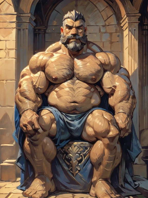 burly virile bulky man, overmuscular and musclebound, bulging veiny muscles, broad shoulders, wide chest, overly thick arms and legs, thick body, a hulking figure with swelling muscles, a long bushy beard and a thick mustache, grey hair, a king sitting on his throne, high detail, medieval, realistic, facial details