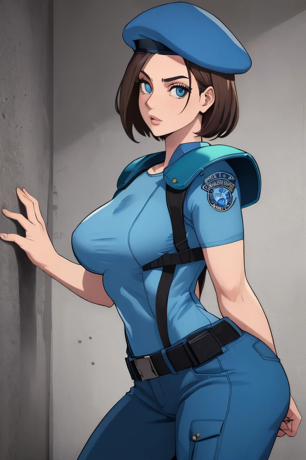 Jill Valentine, masterpiece, best quality, 1girl, solo, standing, jillre1, beret, uniform, shoulder pads, short sleeves, harness, belt, pants, unmoving pattern, peitos grandes, bunda grande, ela esta mostrando a lateral, pernas abertas, bunda grande, decote, peitos grandes, ela esta olhando para a lateral, 