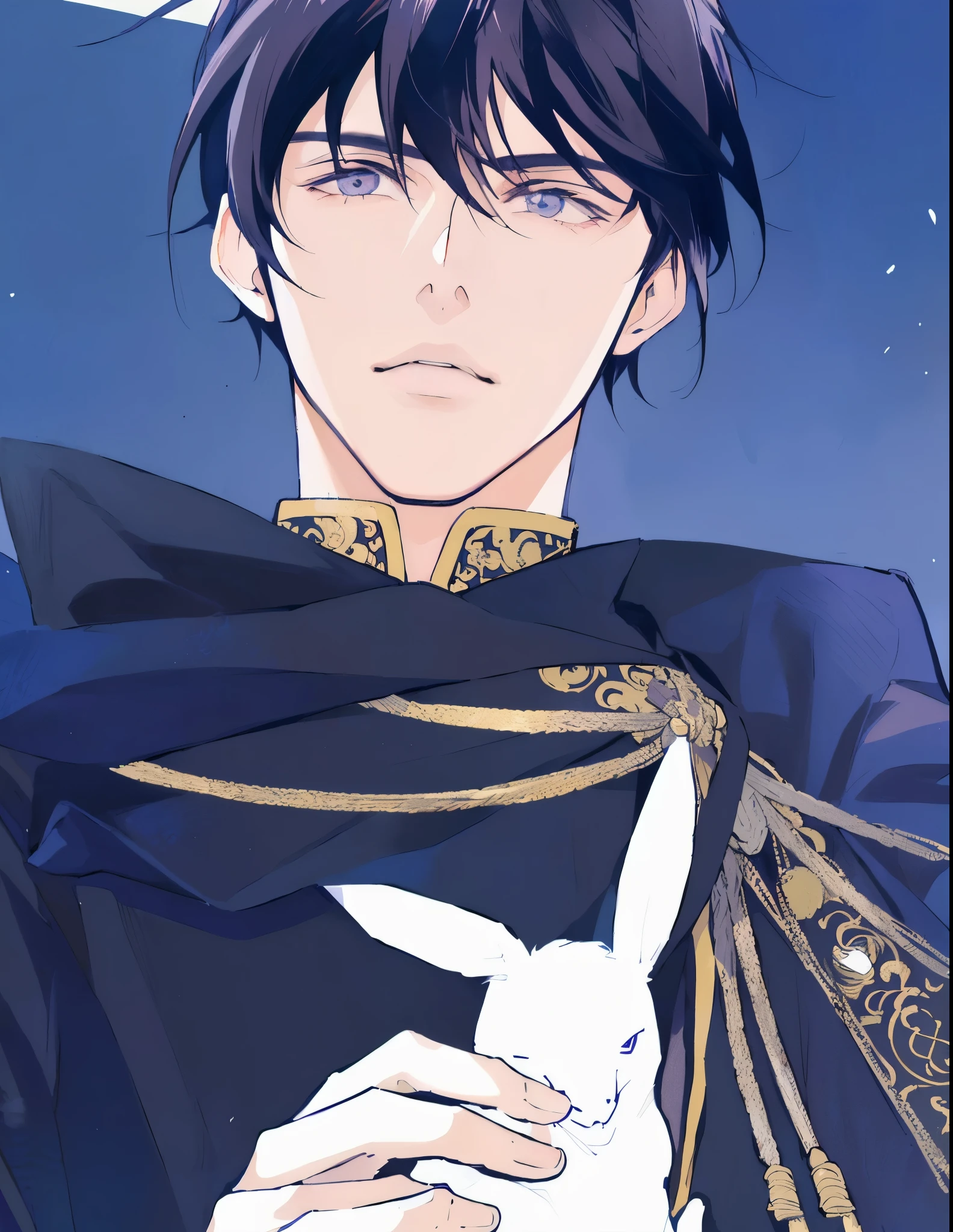 imagem de anime de um homem com uma capa preta segurando um coelho, Heise Jinyao, hijikata toushirou de gintama, hijikata toushirou, inspirado em Okumura Masanobu, Inspirado por Bian Shoumin, em vestes escuras com detalhes dourados, handsome prince, handsome androgynous prince, ((vestindo manto aristocrata))