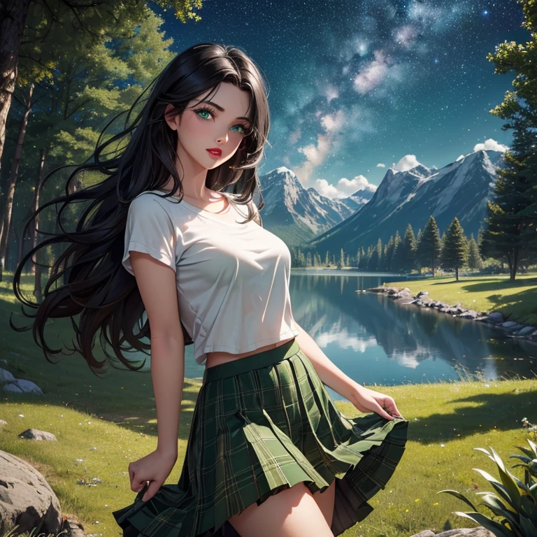Masterpiece, best quality, 8K Wallpaper, HDR, octane rendering. A girl in a short white t-shirt, pleated plaid mini skirt, flip flops, camp, mountains, trees, lake, starry night sky, beautiful detailed scenery, the girl has (Messy hair over one eye:1.5, shiny black hair:1.2 ), (Beautiful and detailed face with perfect symmetry), (Beautiful and detailed green eyes:1.2), (red lips, teeth:1.2), (body with perfect anatomy, perfect natural texture, high details, glowing skin) cinematic lighting, Vivid colors, detailed illustration, depth of field.