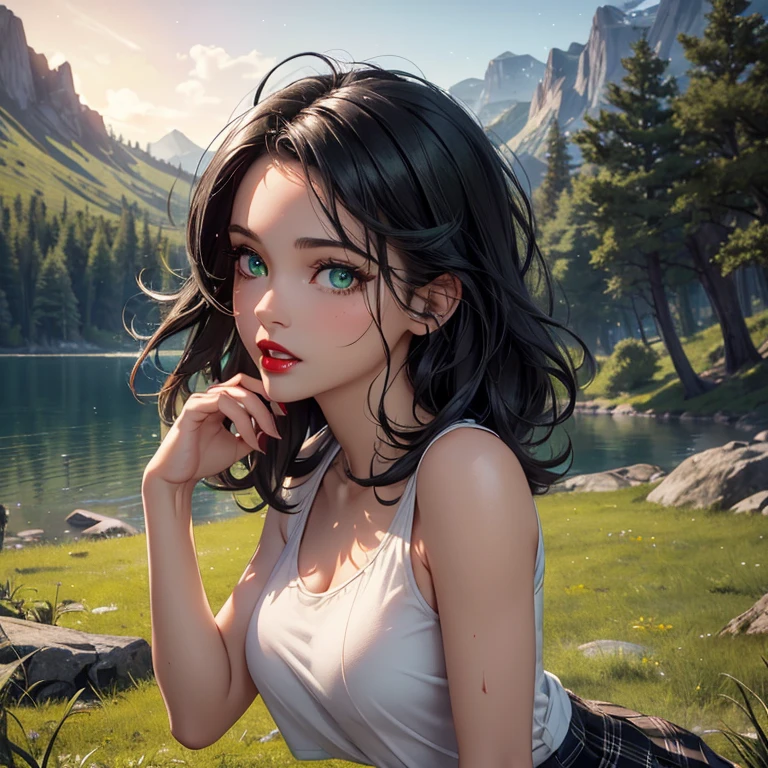 Masterpiece, best quality, 8K Wallpaper, HDR, octane rendering. A girl in a short white t-shirt, pleated plaid mini skirt, flip flops, camp, mountains, trees, lake, starry night sky, beautiful detailed scenery, the girl has (Messy hair over one eye:1.5, shiny black hair:1.2 ), (Beautiful and detailed face with perfect symmetry), (Beautiful and detailed green eyes:1.2), (red lips, teeth:1.2), (body with perfect anatomy, perfect natural texture, high details, glowing skin) cinematic lighting, Vivid colors, detailed illustration, depth of field.