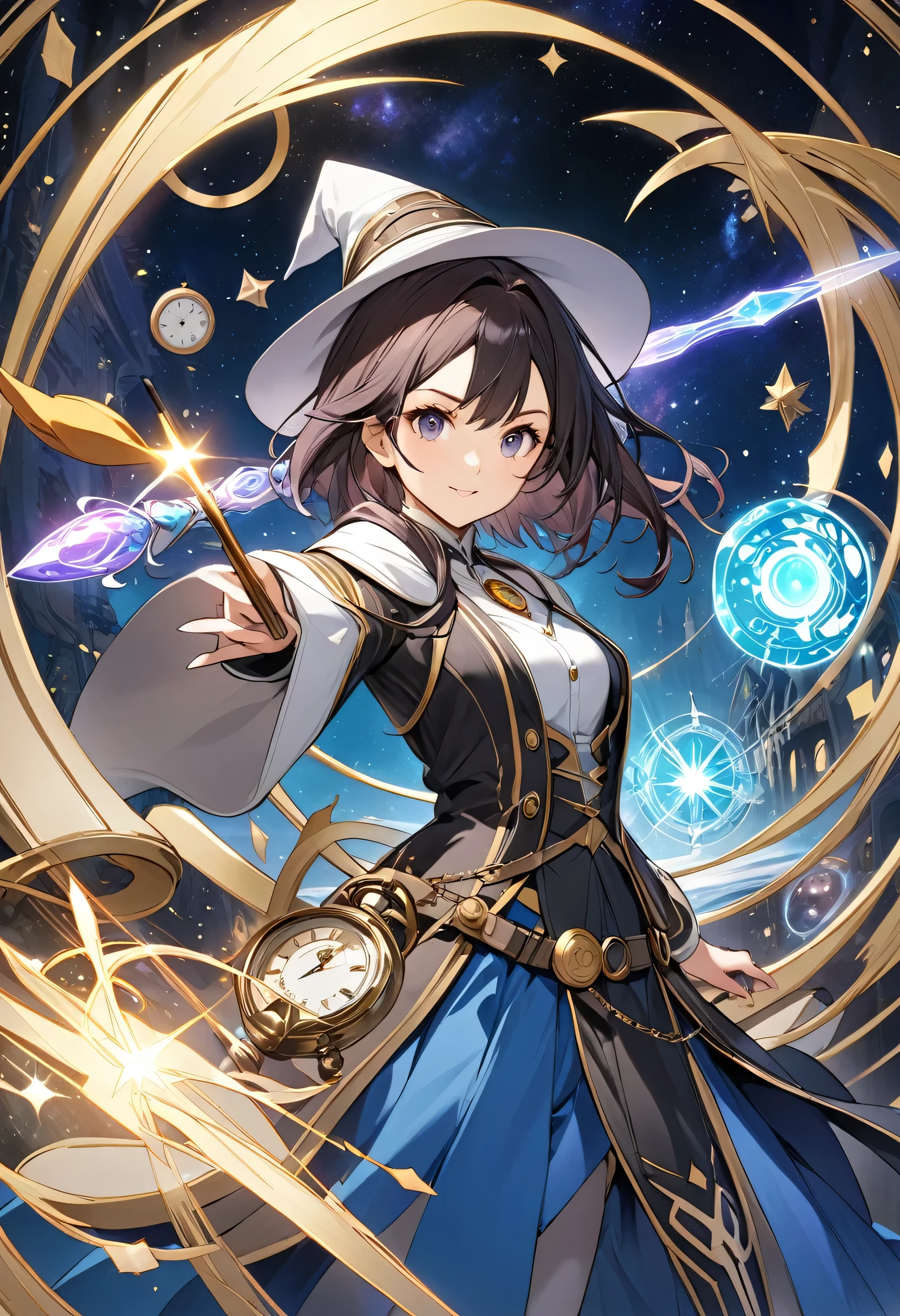 傑Official Art、Wizard of Time、Travel through time and space with time magic、Girl with magic wand powers、The background evokes the passage of time.、background, You can see a lot of watches and watch parts..、Beautiful woman in a low-cut black magician's outfit、Perfect NwsjMajic,(masterpiece、highest quality、highest quality、Official Art、Beautiful and aesthetic:1.2)、(One Girl)、Very detailed、colorful、Highest detail、Official Art、unity 8k wallpaper、Ultra-detailed、Beautiful and aesthetic、Beautiful face in every detail、masterpiece、highest quality、(Zentangle、Mandala、Tangle、Entanglement)、Holy Light、Pure、There is also a message of resilience., Overcoming and Hope. Her breasts are small, size B、Slender、Chest is open、Double Eyes(Detailed eyes), Beautifully detailed、Hair blowing in the wind、Maroon gradient hair color、Red tips、High heels、Gold Anklet、Random moving pose、