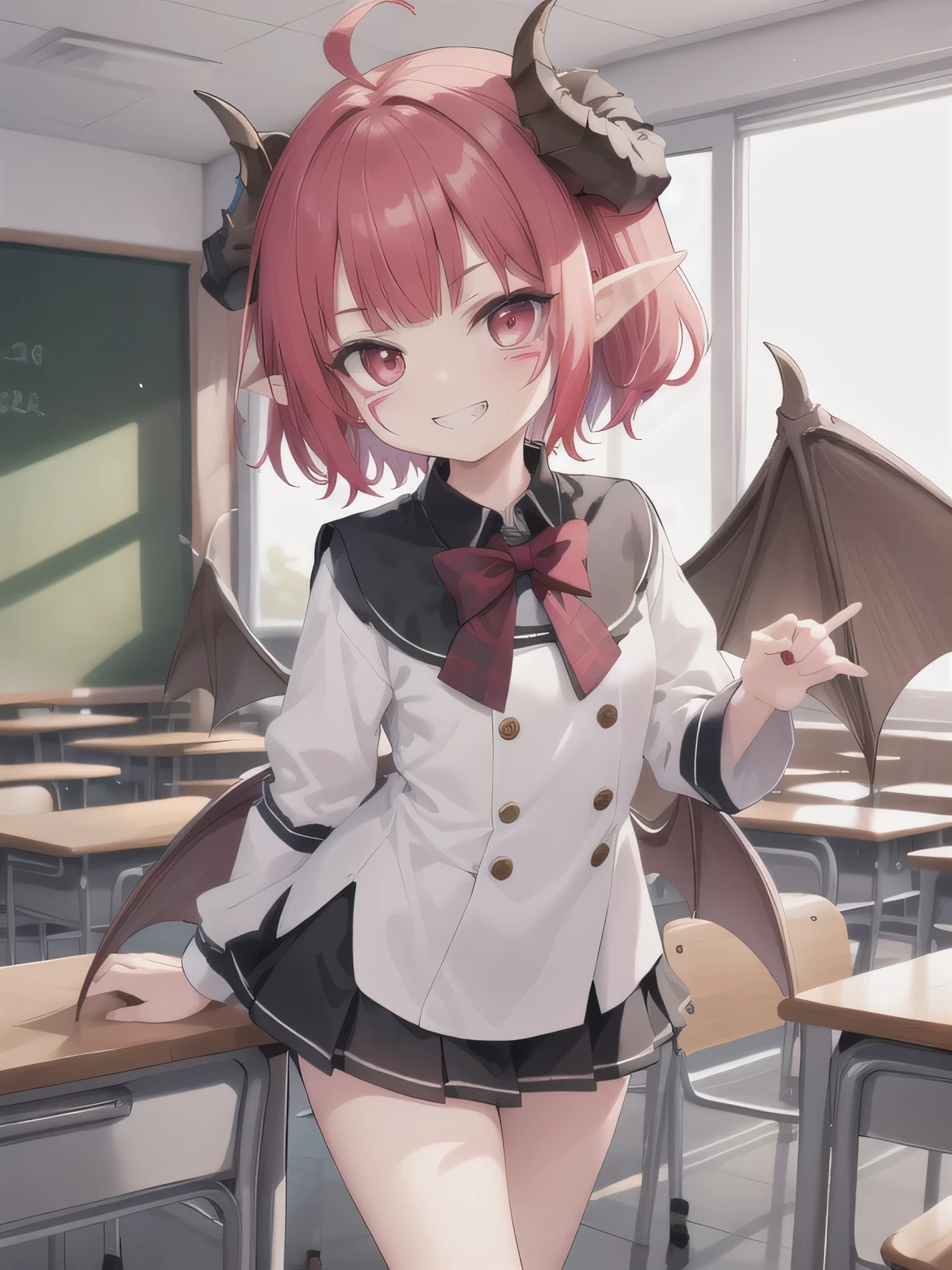 nyarly, (, chi,facial mark,short hair, horns, red hair, red eyes,
,  low bat wings, uniform,
grin, 
standing,
classroom,
