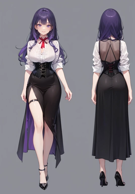 Purple hair,long hair,Adult female,Bartender,((Body harness)),((Rolling up your sleeves shirt)),Open-chested clothing,(Corset),(Long skirt),(slit),High heels,((Simple background)),Smile,((Full body)),((whole body)),Character Sheet,