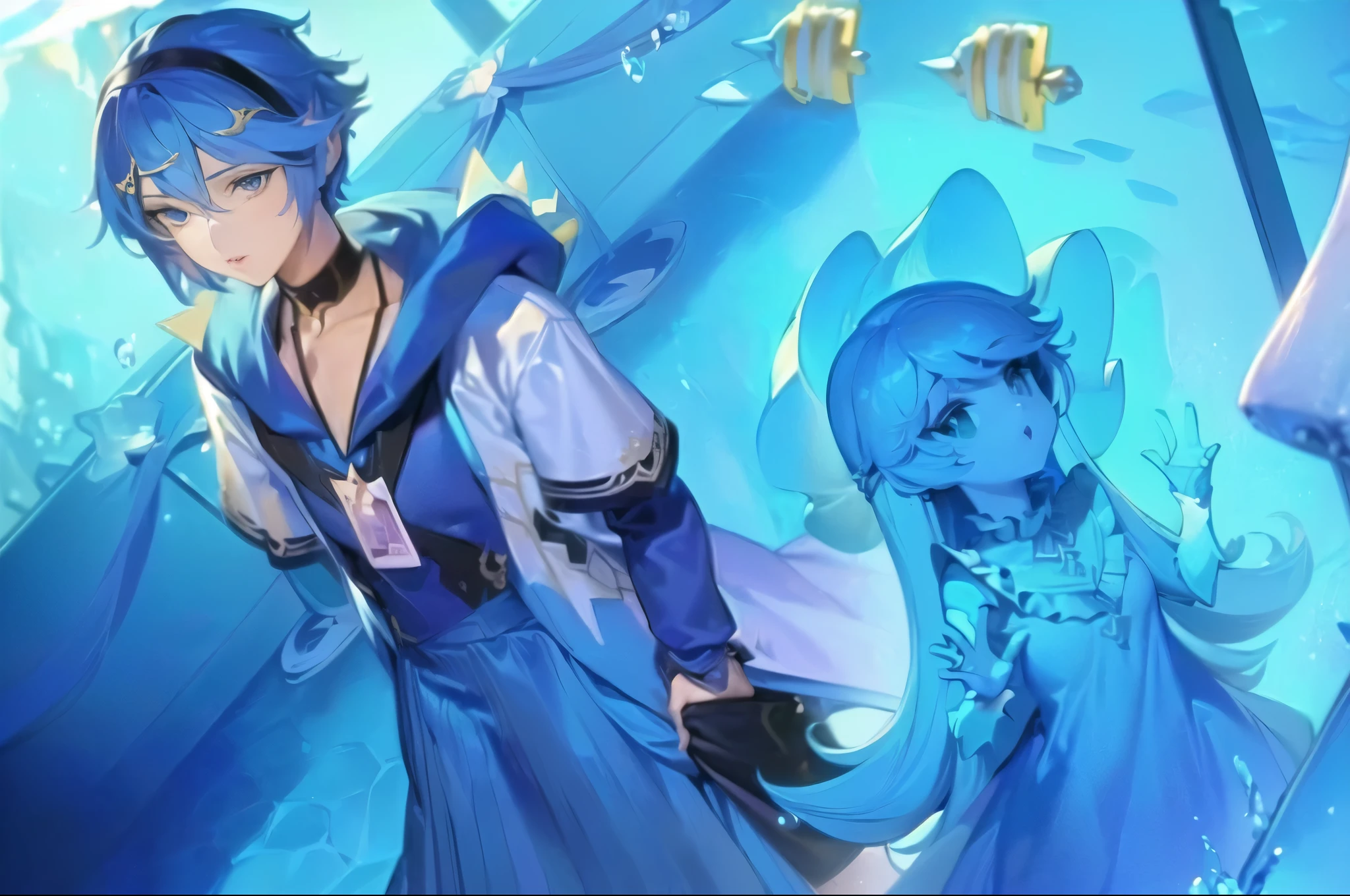 (best quality,4k,8k,highres,masterpiece:1.2), ultra-detailed, (realistic,photorealistic,photo-realistic:1.37), (vibrant colors), (studio lighting), (sharp focus), (physically-based rendering), (extreme detail description), (professional), (fantasy-style), (anime-style), (2D animation), (water), (blue-haired), (blue dress), (two girls), (anime girls standing), (beside each other), (anime wallpaper), (fantasy-themed), (anime fan art), (artsation), (2D animation-style), (anime aesthetics), (anime heroine), (anime creature), (profile picture), (1024px), (anime wallpaper), (stylized anime)