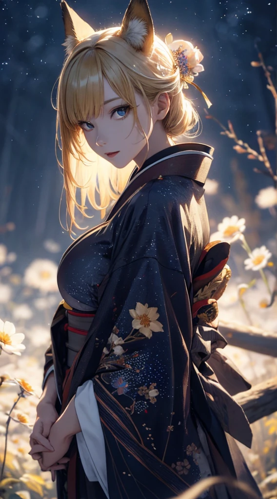 masterpiece, high quality, 4K, Beautiful design, silhouette，blonde， 非常に詳細な夜のStarry Sky,Flower Field， wonderful, Finer details,  Very knowledgeable woman, Highly detailed solo, 1 female,Beautiful Eyes，Fox Mask，I like rumors，Big Breasts，kimono，Night view，Starry Sky，full moon，