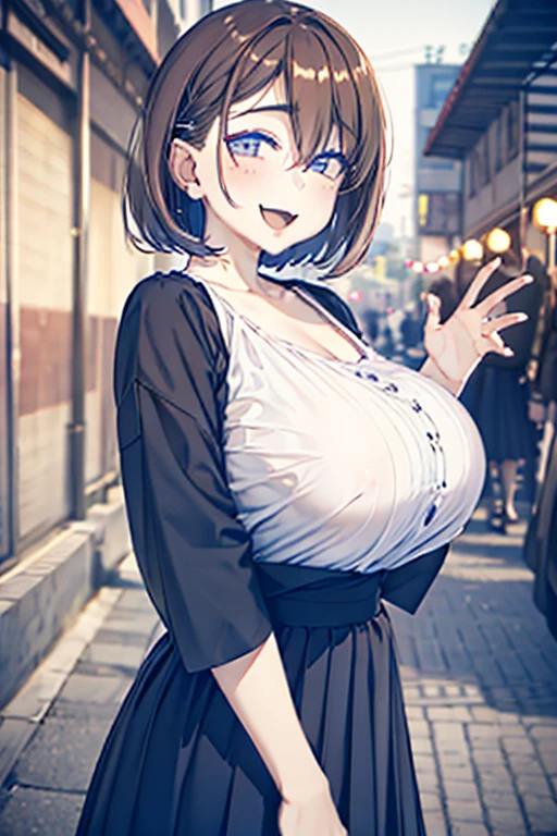 Highly detailed face, ((Drop your eyes)), 18-year-old female, Soft natural light, Bokeh effect. Spring Dresses, Perfect Makeup, Professional photography, Street Snapshots, (Happy expression), short hair, Long skirt, ((Big Breasts)),