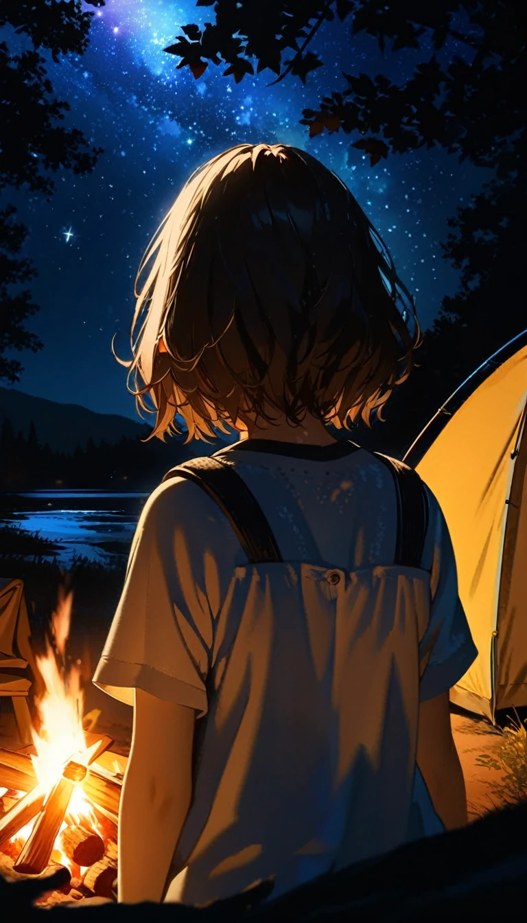 1 girl, ((super detailed, high resolution, super detailed, top quality, amazing, top quality, highly detailed CG Unity 8k wallpaper, cinematic lighting)), campfire, lakeside at night, tent and camping gear, girl with back to camera, back shot, looking up at sky, stars, good times, wide open spaces, wilderness, soft campfire light, best memories,
