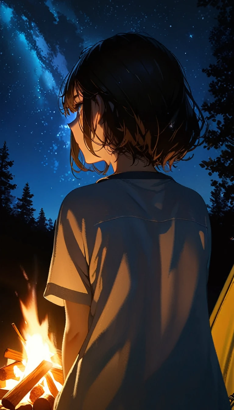1 girl, ((super detailed, high resolution, super detailed, top quality, amazing, top quality, highly detailed CG Unity 8k wallpaper, cinematic lighting)), campfire, lakeside at night, tent and camping gear, girl with back to camera, back shot, looking up at sky, stars, good times, wide open spaces, wilderness, soft campfire light, best memories,