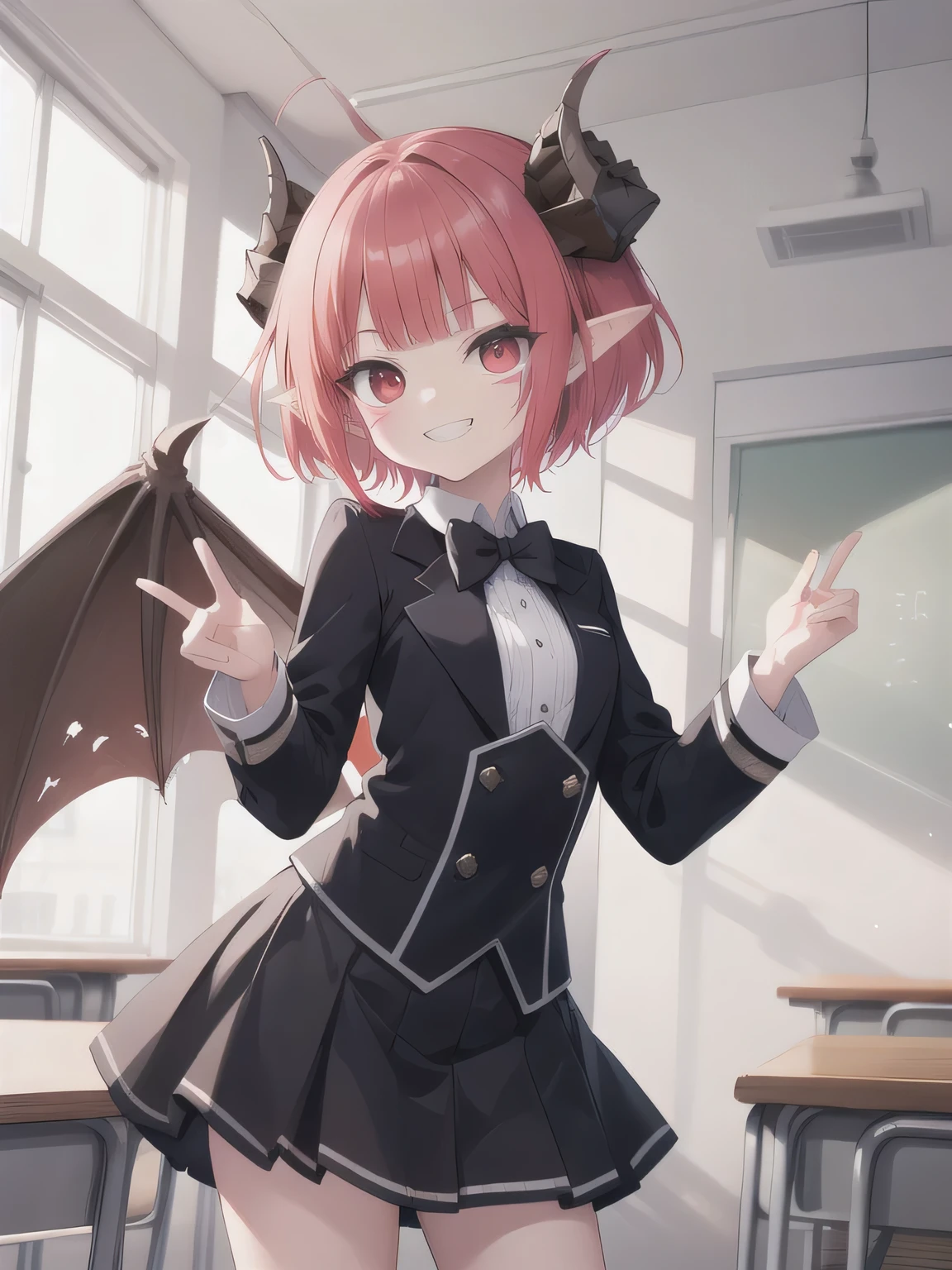 nyarly, (teen, child:1),facial mark,short hair, horns, red hair, red eyes,
,  low bat wings, uniform,
grin, 
standing,
classroom,
