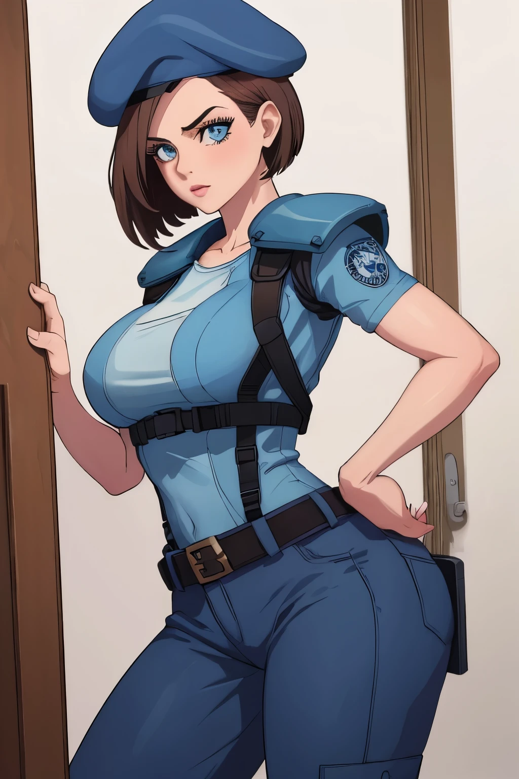 Jill Valentine, masterpiece, best quality, 1girl, solo, standing, jillre1, beret, uniform, shoulder pads, short sleeves, harness, belt, pants, unmoving pattern, peitos grandes, bunda grande, ela esta mostrando a lateral, pernas abertas, bunda grande, decote, peitos grandes, ela esta olhando para a lateral,