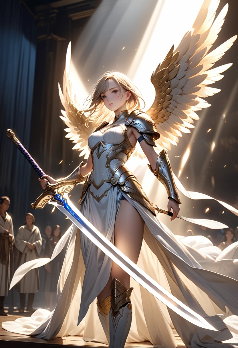RAW Photos, Very delicate and beautiful, masterpiece, highest quality, Ultra-high resolution, 16k, hyperRealistic, Super detailed, Very detailedな CG 8k 壁紙, (highest quality),(Very complicated), (Realistic), (Sharp focus), (Cinema Lighting), (Very detailed), Girl Angel Warrior々Standing, Her two swords were raised in the air. Her sword is long and thin, With a blade that shines with holy light. He is an archangel, Standing tall with thousands of angels, Standing with sword held high. She's wearing shiny white armor, Eight angel wings spread wide. She has a determined look on her face, Her eyes are burning with determination. The girl angel warrior is not afraid. She has faced many difficulties in her life., but彼女はいつも勝利してきた. She knows she's fighting for what's right., And that gives her patience. Girl angel warrior swings a sword, And the air crackles with energy. She is a force to be considered, And her enemies should beware.. More specific examples of dual swords that can be used by the Girl Angel Warrior are as follows:。: long, A thin sword with a silver blade and gold hilt. The blade is inscribed with ancient runes that radiate a holy light.. The handle is shaped like an angel's wing., Encrusted with precious gems. These swords are not only beautiful, but、They are also incredibly powerful. They are said to have been forged by a master swordsmith in the fires of heaven., And imbued with angelic power. Only the young angel warriors can make the most of these swords.. She is the chosen one, そして彼女はInnocent person々Protect、Entrusted with the mission of fighting evil. With two swords in each hand, Girl Angel Warriors are an unstoppable force. She is a champion of justice、Innocent person々is the guardian of. She is a ray of hope in a dark and dangerous world.., Dragon Armor, Dragon Slayer, The dragon swore
