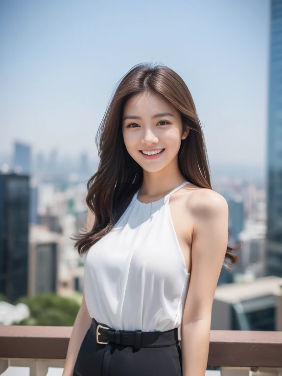 ((Best quality, 8k, Masterpiece: 1.3)), 1 girl, smiling, full body, slim face, pretty woman, Medium dark brown hair, white crisp shirt on the upper body, black straight suit pants on the upper body, High heels, super detailed face, detailed eyes, double eyelids, blurred background, slim face, skyscrapers, thigh shot,