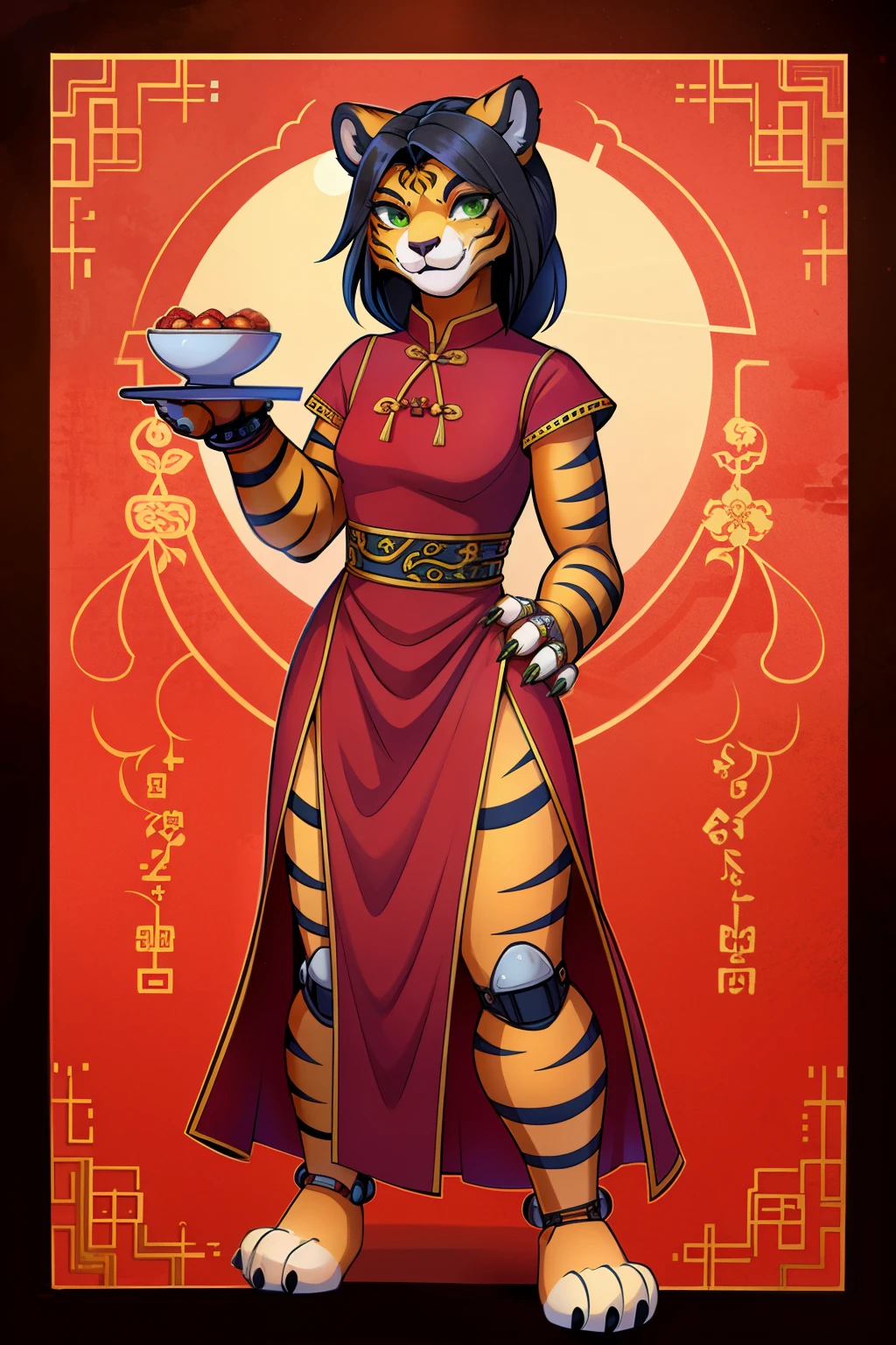 1 girl, solo, animatronic, tigress anthro, black hair, green eyes, red Chinese dress, fnaf, paws