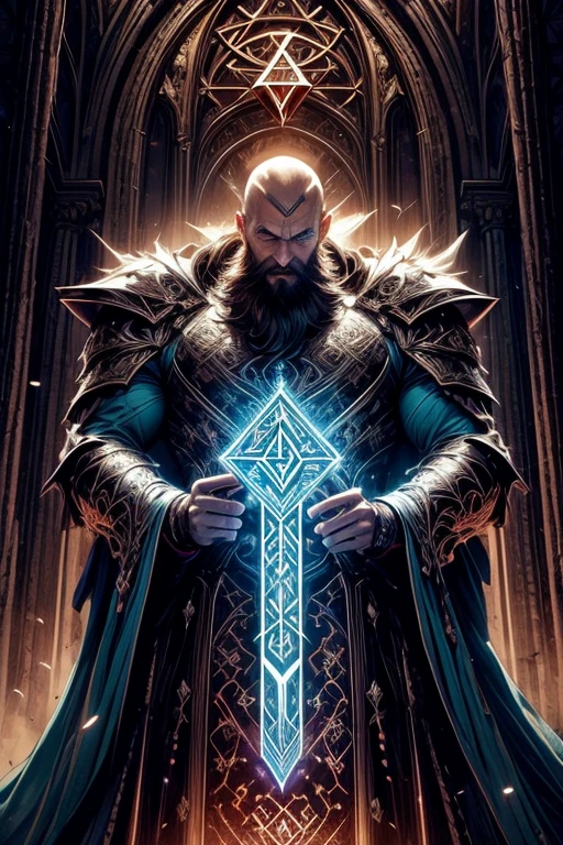 A man in armor standing in front of a castle (1man, muscular adult male:1.2), turquoise eyes, light brown hair, fade with beard,
(style-swirlmagic:0.8), portrait, solo, (full body:0.6), looking down, detailed background, detailed face, (vamptech theme:1.1), rune-wizard, magic runes, runic pattern, runic symbols on clothes, flowing robes, runic scripture, glowing runes, ancient runes, geometric patterns, mystic aura, rune symbols in background, backlighting, shadows, moonlight, intense atmosphere, action scene,, (masterpiece, top quality, best quality, official art, beautiful and aesthetic:1.2), extremely detailed, (fractal art:1.1),(colorful:1.1),highest detailed, (many colors:1.4), front to camera