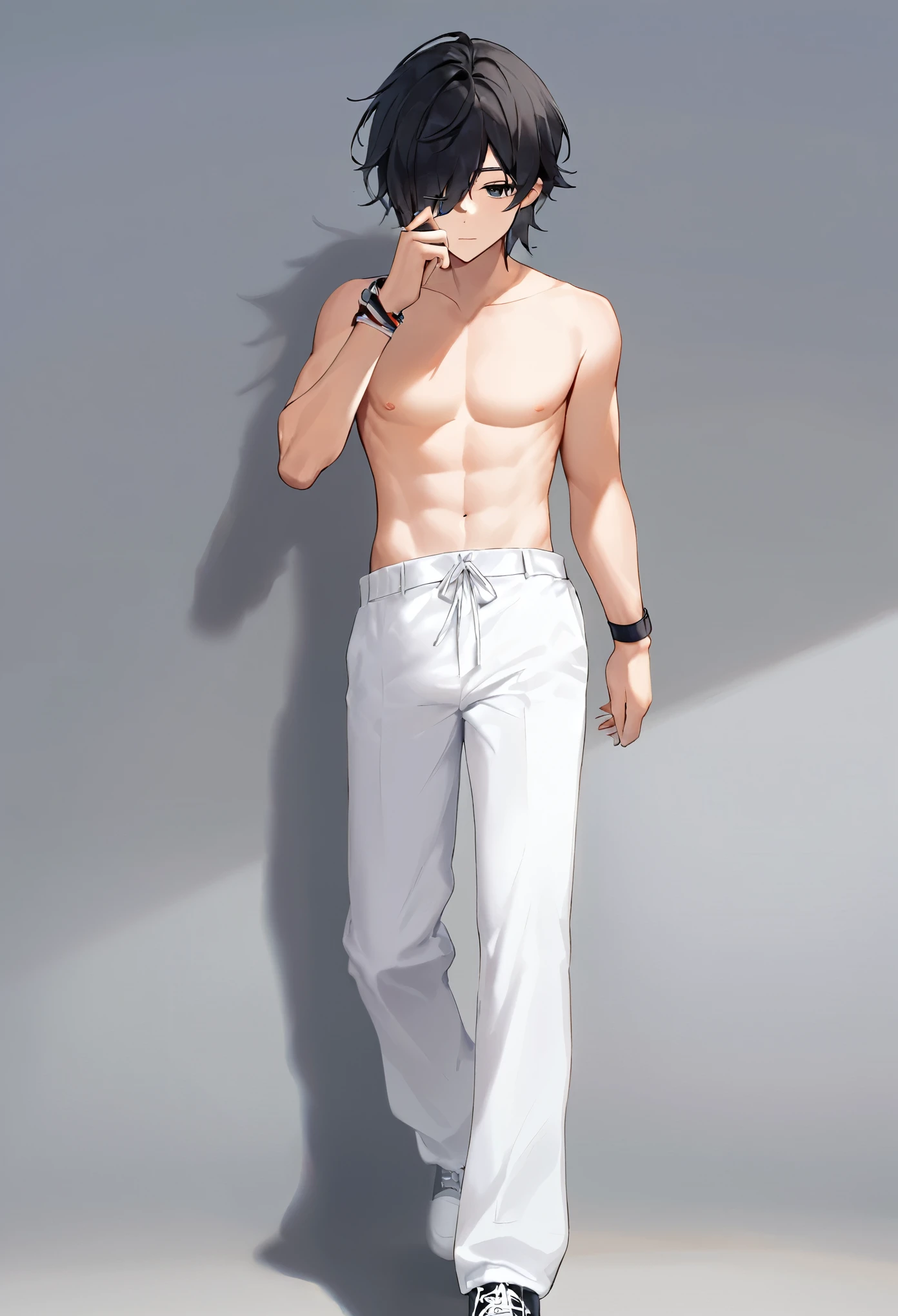 A fit guy without a shirt with bands on his hand he wears white sports pants, he has black hair and a neutral face