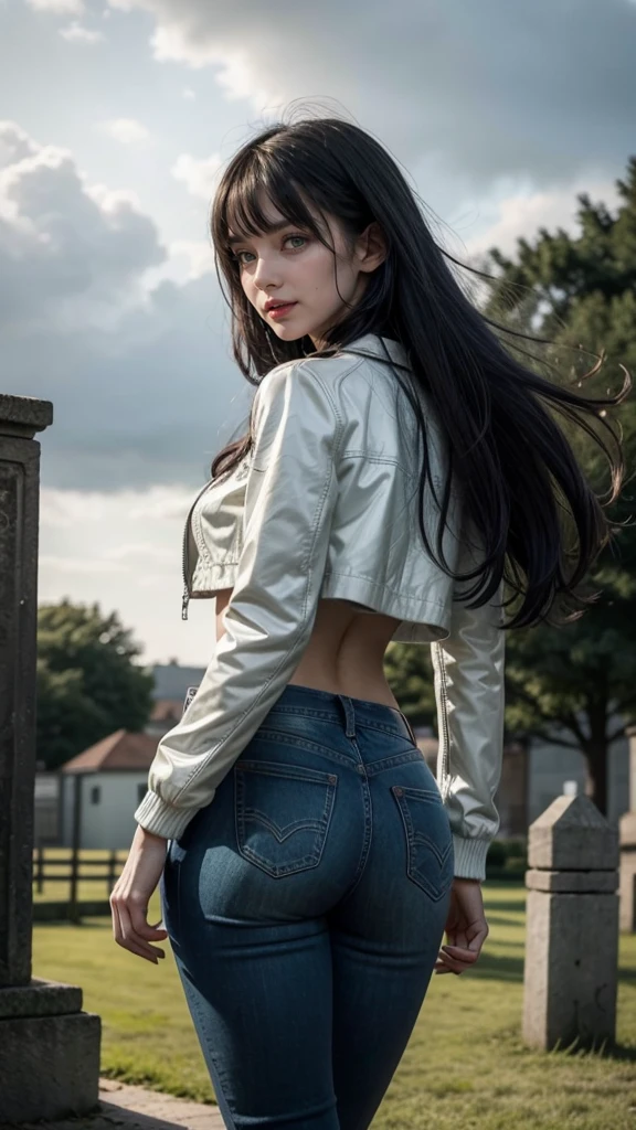 Woman, white skin, green eyes, black hair, wavy hair, straight hair, bangs, long hair, hair in the wind, garden full of roses, tight jeans, black boots, very low-cut top, white top, transparent top, open jacket, red jacket , walking, horror, great cleavage, visible nipples, smiling, looking at camera, red lips, athletic, bats in the sky, scary atmosphere, shot from behind