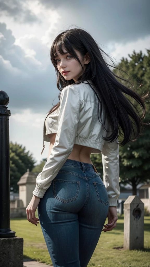 Woman, white skin, green eyes, black hair, wavy hair, straight hair, bangs, long hair, hair in the wind, garden full of roses, tight jeans, black boots, very low-cut top, white top, transparent top, open jacket, red jacket , walking, horror, great cleavage, visible nipples, smiling, looking at camera, red lips, athletic, bats in the sky, scary atmosphere, shot from behind