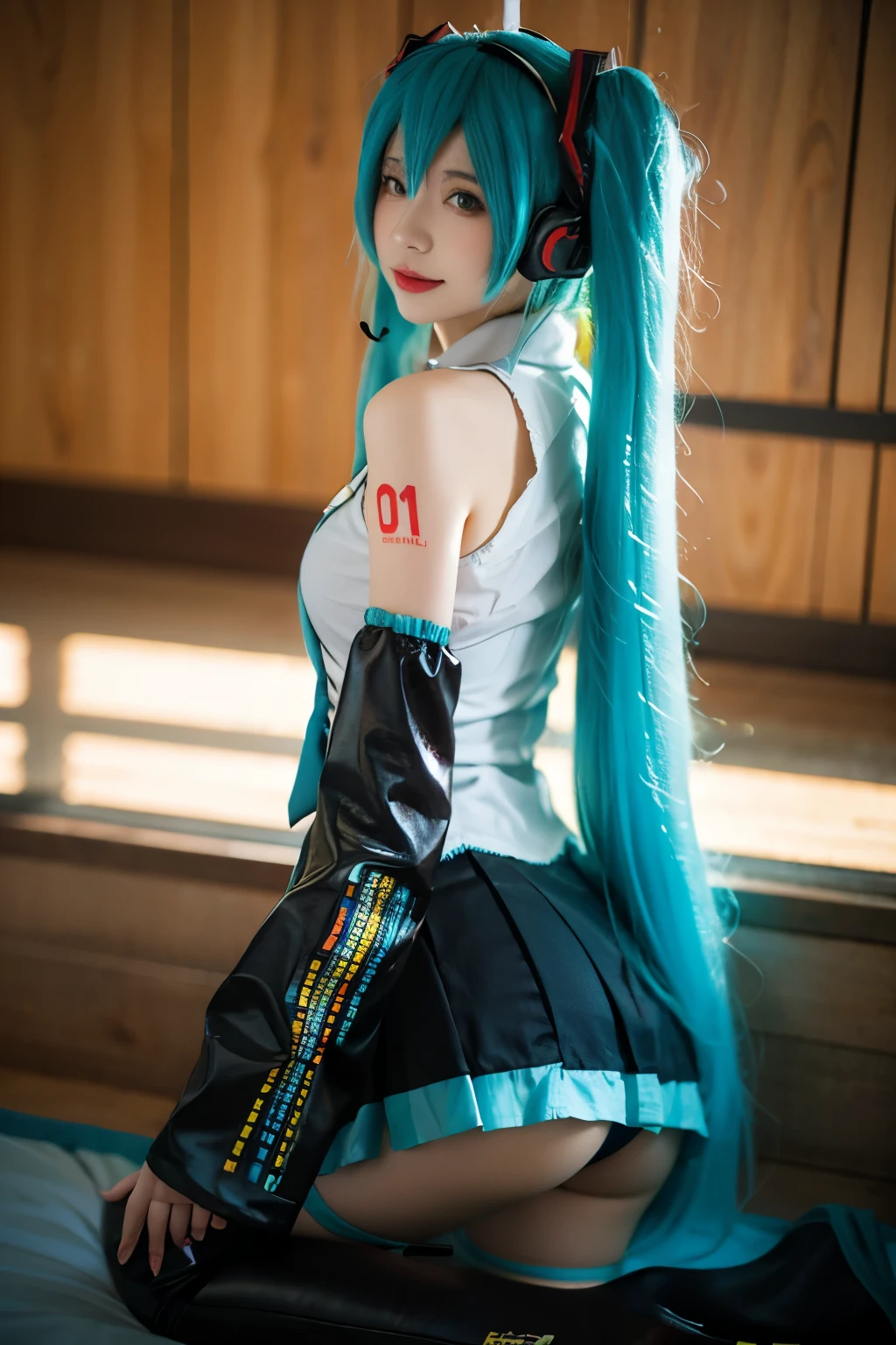 highest quality, masterpiece, Realistic, photoRealistic, One girl, alone, Cowboy Shot, Hatsune Miku Cosplay costume, Hatsune Miku, Cosplay, Aqua Hair, Twin tails, Very long hair, hair ornaments, Headphones, headset, shirt, skirt, pleated skirt, tie, aqua tie, Removable sleeves, tattoo,On all fours、Ass、White and turquoise striped silk panties、Low - Angle