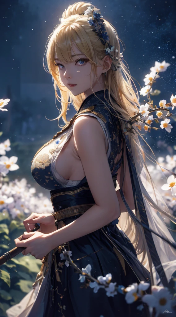 masterpiece, high quality, 4K, Beautiful design, silhouette，blonde， 非常に詳細な夜のStarry Sky,Flower Field， wonderful, Finer details,  Very knowledgeable woman, Highly detailed solo, 1 female,Beautiful Eyes，tears，Big Breasts，White sleeveless，rain，Night view，Starry Sky，full moon，