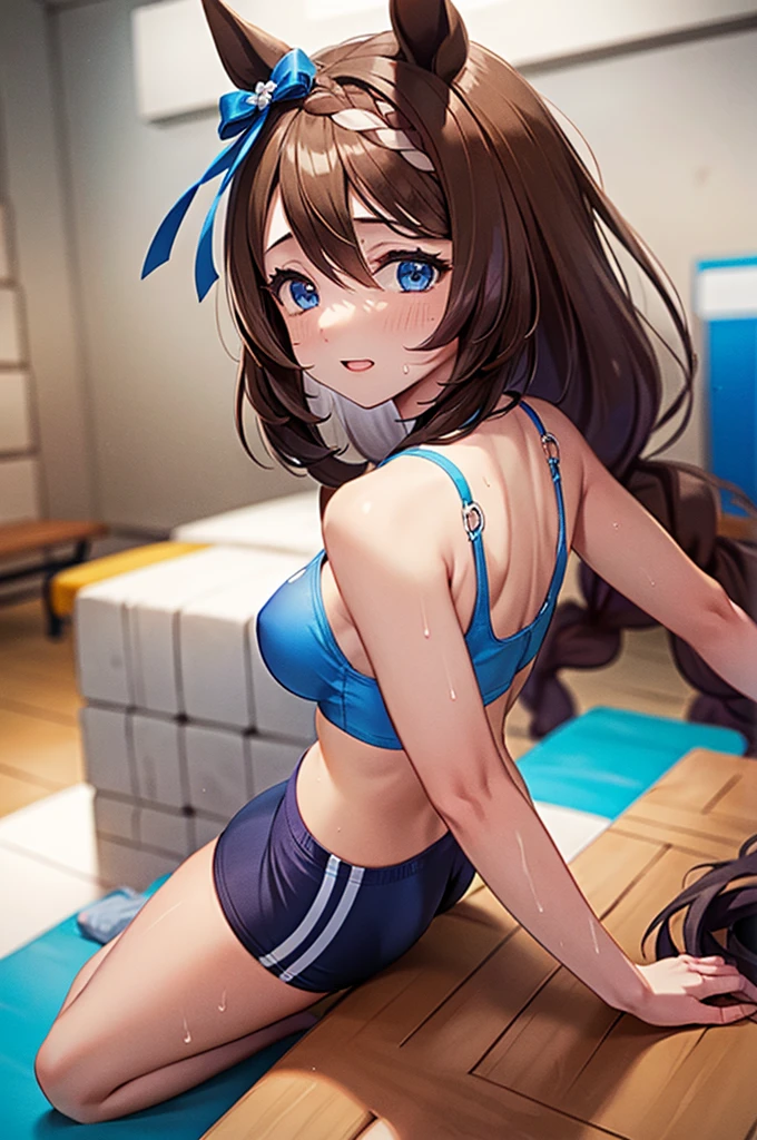 super creek \(umamusume\) in sexy mini shorts and sports bra, crouched deadlifting with a bar with her back facing a gym mirror, sweating, High Resulution, UHD, detailed image.