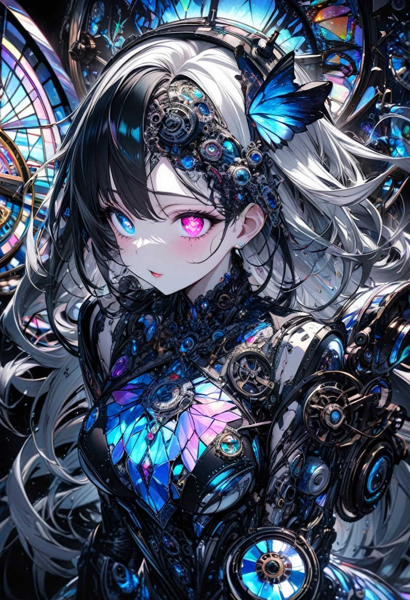 best quality, super fine, 16k, incredibly absurdres, extremely detailed, delicate and dynamic, stained glass kaleidoscope made of jewels of various colors, with mechanical mechanisms, clockwork mechanisms, and gear mechanisms, monochrome girl peering into it, (heterochromia, star-shaped pupils eye, heart-shaped pupils eye), iridescent world artwork 