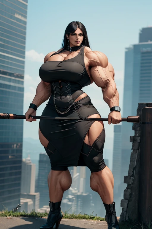 (((((Massive tall, beautiful, buff, light brown skinned muscular woman with black hair, black lipstick, ginormous bulky muscles and wearing a beautiful black gothic pencil dress))))), (close view), massive muscles, massive biceps, hyper muscle shoulders, massive muscle arms, vascular shoulders, hyper muscle triceps, (long straight hair), orange eyes, choker, lace sleeved gloves, (on top of a dilapidated skyscraper in a dark destroyed city), confident smile, hyper vascular arm, hyper muscles arms, hyper muscle legs, (massive arms).