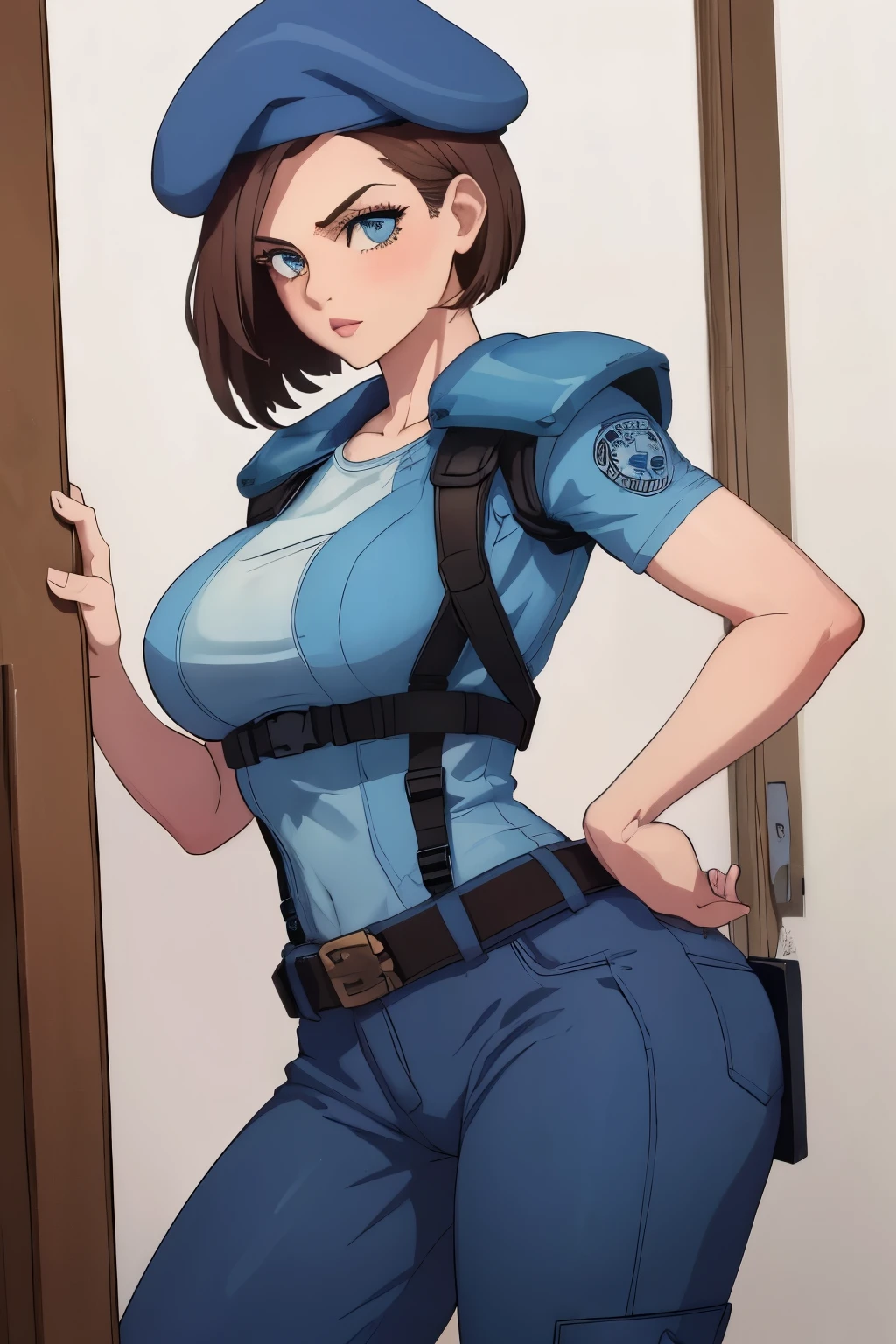 Jill Valentine, masterpiece, best quality, 1girl, solo, standing, jillre1, beret, uniform, shoulder pads, short sleeves, harness, belt, pants, unmoving pattern, peitos grandes, bunda grande, ela esta mostrando a lateral, pernas abertas, bunda grande, decote, peitos grandes, ela esta olhando para a lateral, 