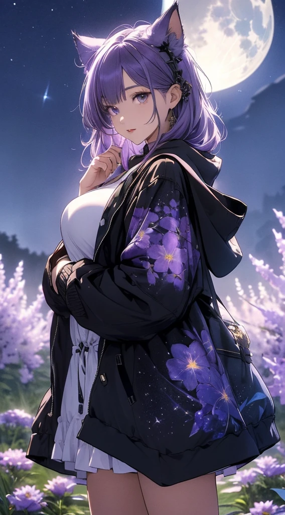masterpiece, high quality, 4K, Beautiful design, silhouette,Light purple hair, 非常に詳細な夜のStarry Sky,Flower Field, wonderful, Finer details, Very knowledgeable woman, Highly detailed solo, 1 female,Cat ear,Big Breasts,Hooded parka,Night view,Starry Sky,full moon,