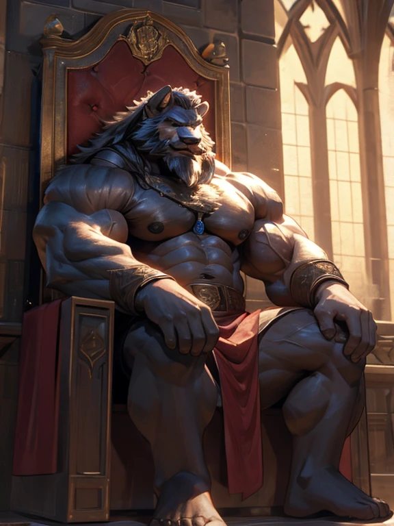burly virile bulky man, overmuscular and musclebound, bulging veiny muscles, broad shoulders, wide chest, overly thick arms and legs, thick body, a hulking figure with swelling muscles, a long bushy beard and a thick mustache, grey hair, a king sitting on his throne, high detail, medieval, realistic, detailed face, clear countenance