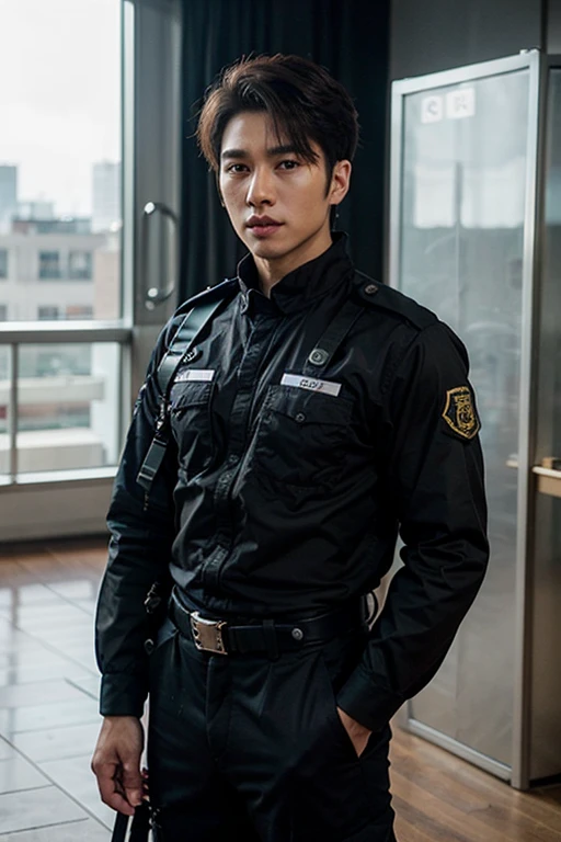 20-year-old boy ,Korean male officer ,Thin mustache...,handsome ,Wear long sleeve police shirt,beige grey tight trousers, ,((unrealistic super big tight butt wearing pants))Black boots and dark navy gloves.,sit on the ground , His legs spread apart, Police Logo ,tight breasts ,Muscle Man , ((The arm muscles are very large)) ,large , Wide shoulders ,open legs, head turn slightly to looking back to the camera, rear shot,Sexually suggestive, (Dynamic Poses:1.1) , thights , (Embossed Focus:1.2),On your knees, toilet room at night , Best qualtiy , Wide lens ,deep depth of field ,Bokeh background