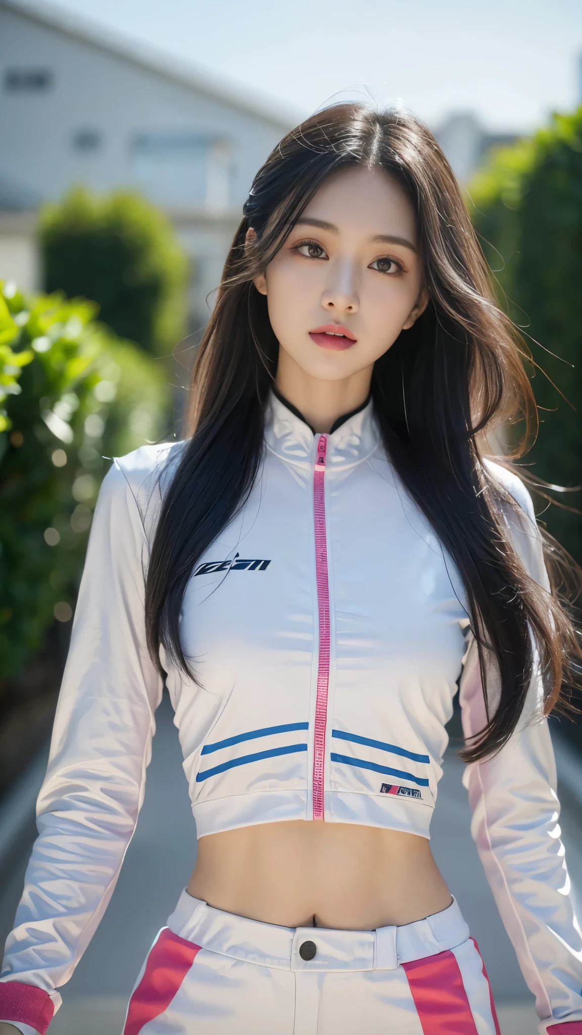 1 sister，Wearing a tight pink and white racing suit，从头到Large target腿，Hold the handlebars of your motorcycle，(Riding a motorcycle:1.2)，Umbilical cord，Look at the audience，midnight street，Light，National Foundation，（（best quality，8K，masterpiece：1.3））），Be focused：1.2，（Layered pruning，Large target：1.2），Beautiful Women in Perfect Shape：1.4，Slim abdominal muscles：1.2，Wet body：1.5，Highly detailed face and skin texture，Exquisite eyes，Double eyelids，Long gray hair